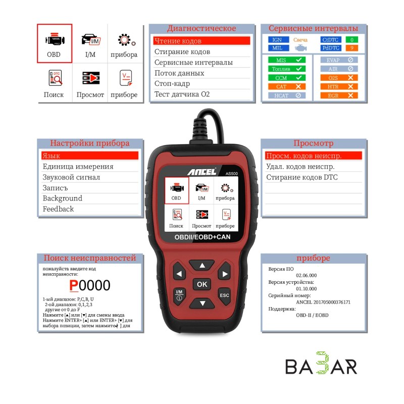 Автосканер Ancel AS500 OBD2 для диагностики двигателя, экран 2.8"