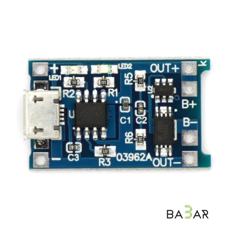Модуль для заряда литий ионных аккумуляторов (5V, 1A) с разъёмом микро-USB.