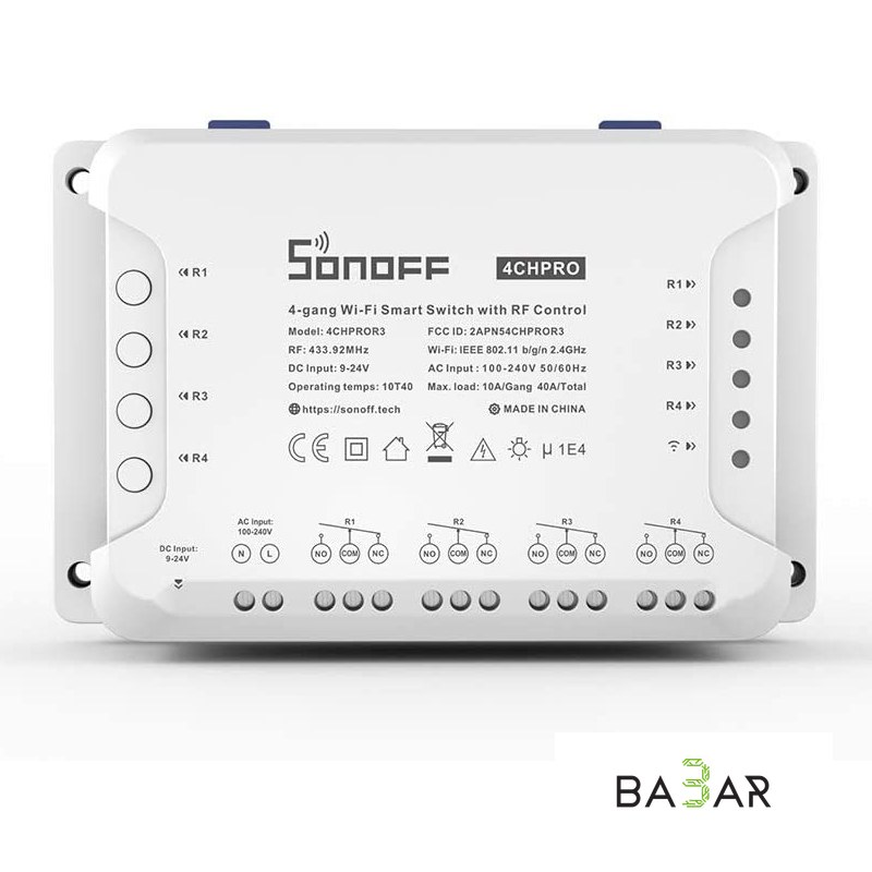 Sonoff 4CH PRO R3 четырёхканальное Wi-Fi реле с РЧ-управлением, DIN-рейка