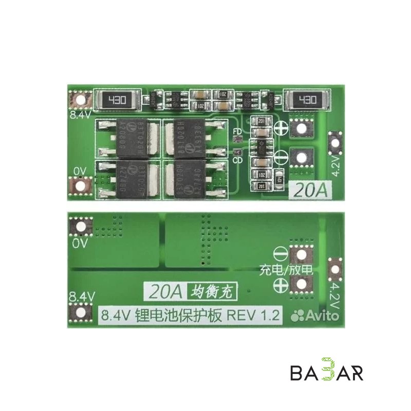 Плата защиты BMS 2S 7.4–8.4V 20A с балансировкой для Li-Ion аккумуляторов