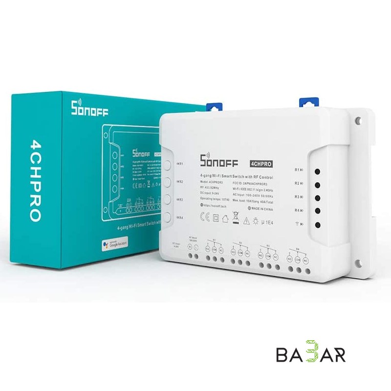 Sonoff 4CH PRO R3 четырёхканальное Wi-Fi реле с РЧ-управлением, DIN-рейка