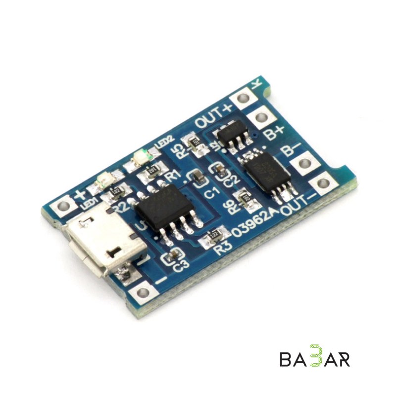 Модуль для заряда литий ионных аккумуляторов (5V, 1A) с разъёмом микро-USB.